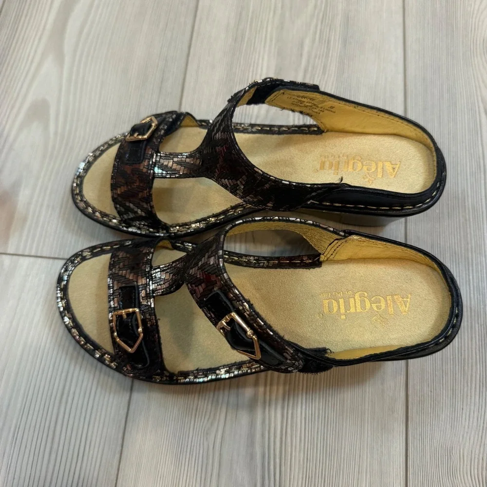 Alegria Lara Shmancy Bronze Metallic Leather Wedge Sandals 38 US 8-8.5 NEW